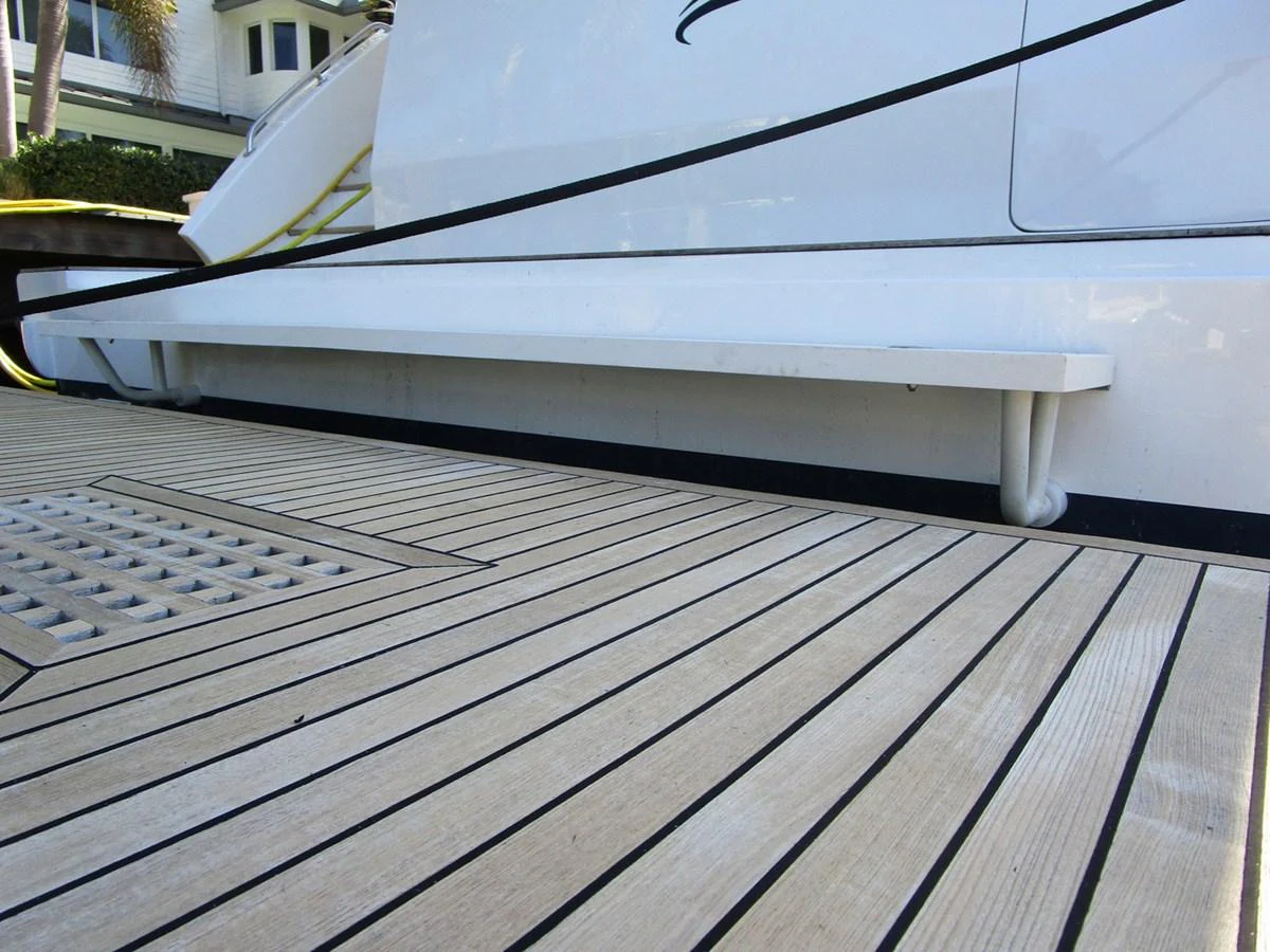 A close-up view of the yacht's deck showcasing the clean lines and quality materials. aboard INDIGO Yacht for Sale