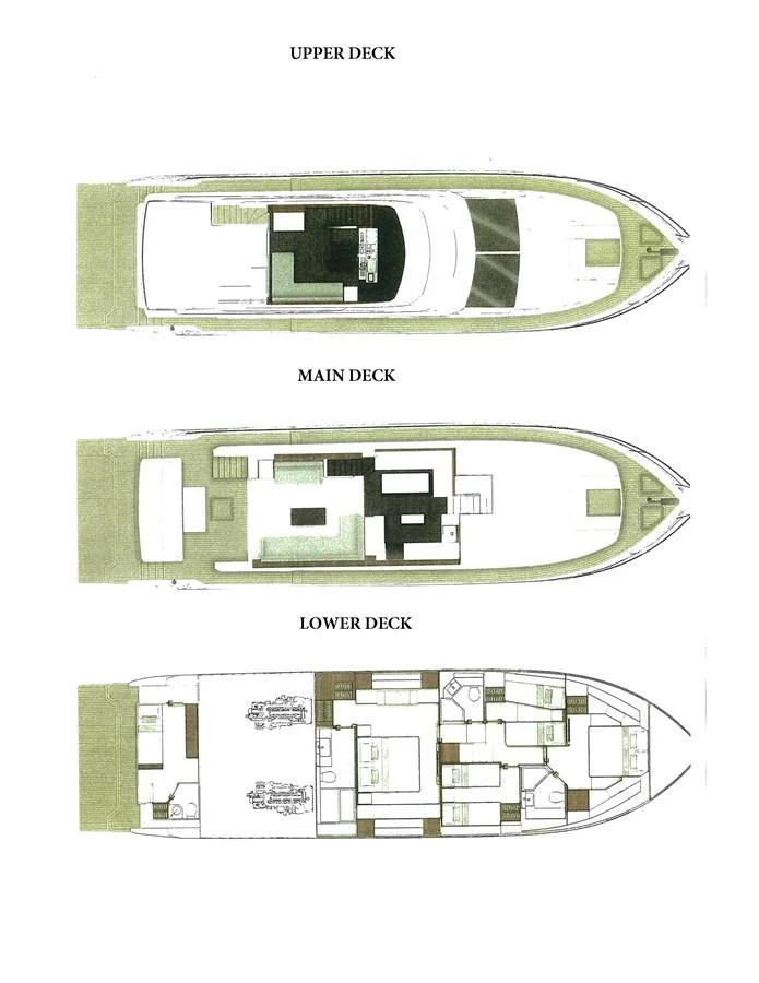 Detailed deck plans showcasing the upper, main, and lower decks of the yacht. aboard INDIGO Yacht for Sale