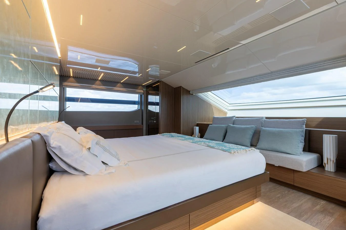 The master stateroom offers a luxurious and spacious retreat with modern design and ample natural light. aboard AMBAR Yacht for Sale