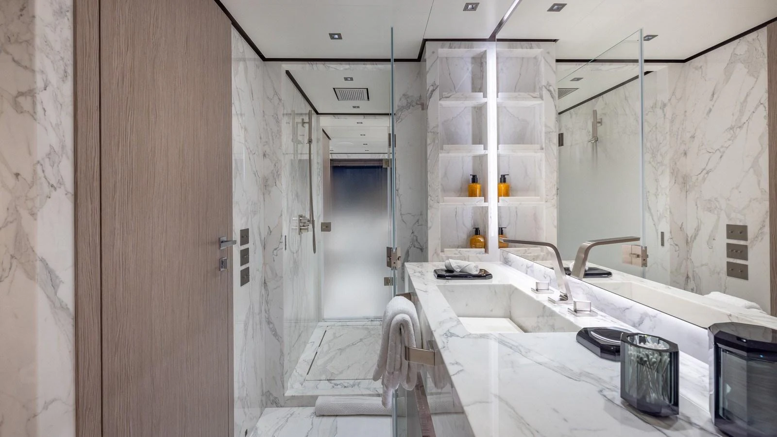 The yacht's bathroom features luxurious marble surfaces and modern fixtures. aboard GIOIA Yacht for Sale