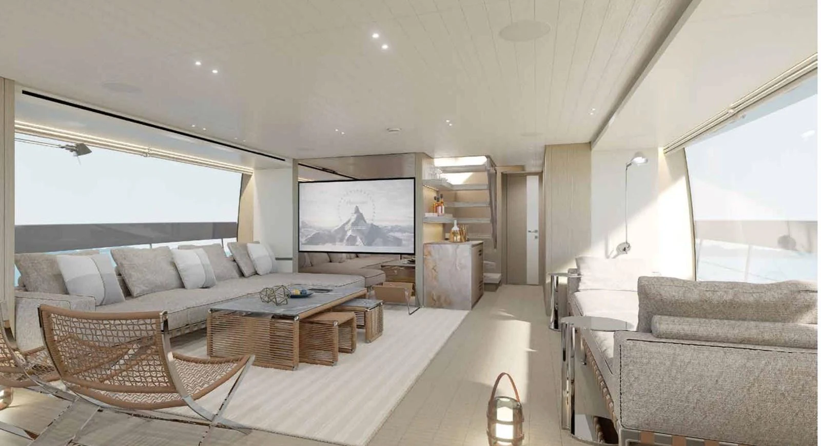 The salon features a spacious and elegantly designed seating area with large windows providing ample natural light. aboard SANLORENZO SX100/159 Yacht for Sale