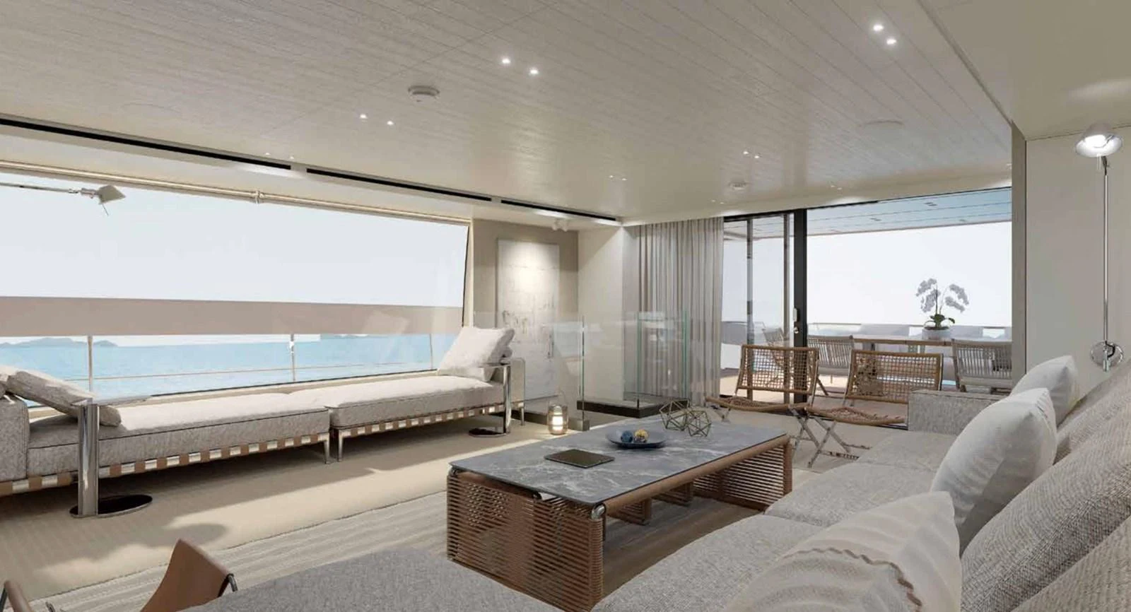 The salon features elegant seating with panoramic views and modern decor. aboard SANLORENZO SX100/159 Yacht for Sale