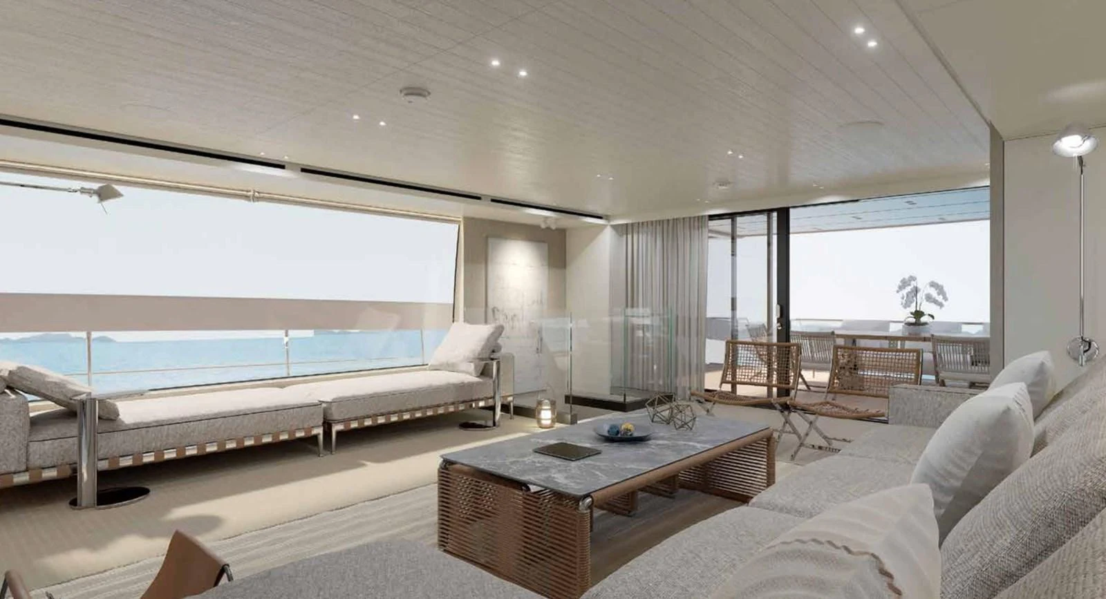 The spacious interior lounge offers a serene and luxurious setting with ample seating and panoramic ocean views. aboard SANLORENZO SX100/159 Yacht for Sale