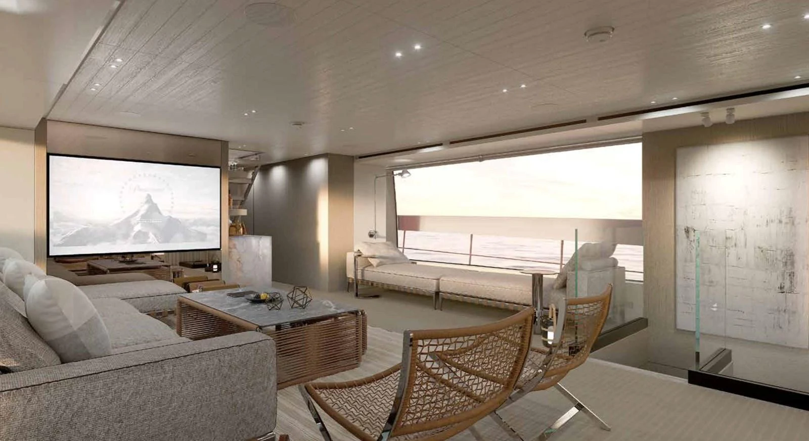 The salon offers a spacious and luxurious seating area with modern furnishings and a large screen for entertainment. aboard SANLORENZO SX100/159 Yacht for Sale