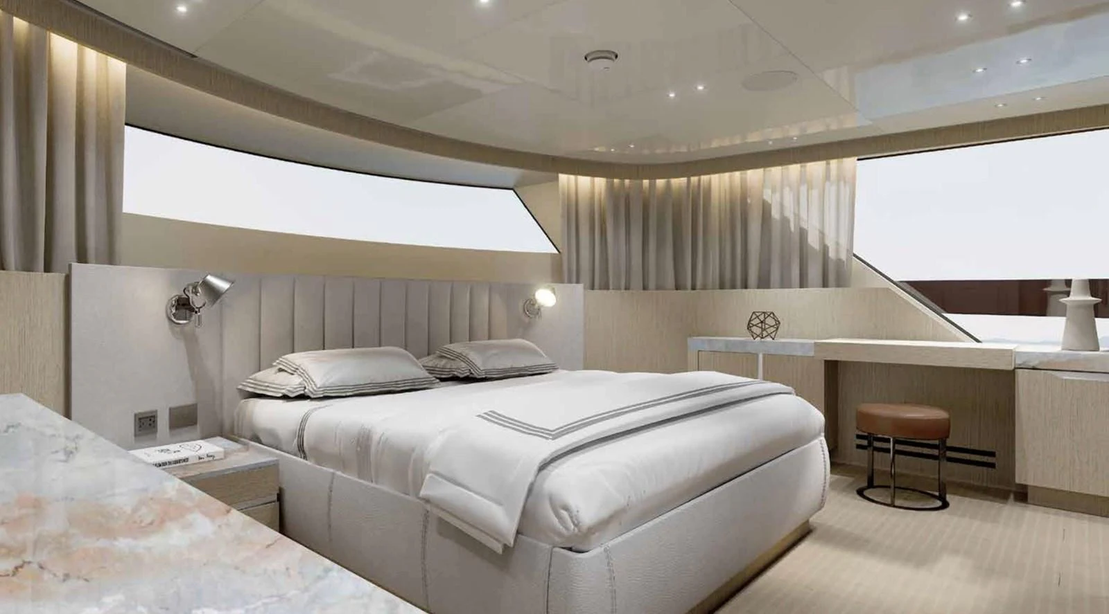 The master stateroom offers a luxurious and serene retreat with elegant furnishings and ample natural light. aboard SANLORENZO SX100/159 Yacht for Sale