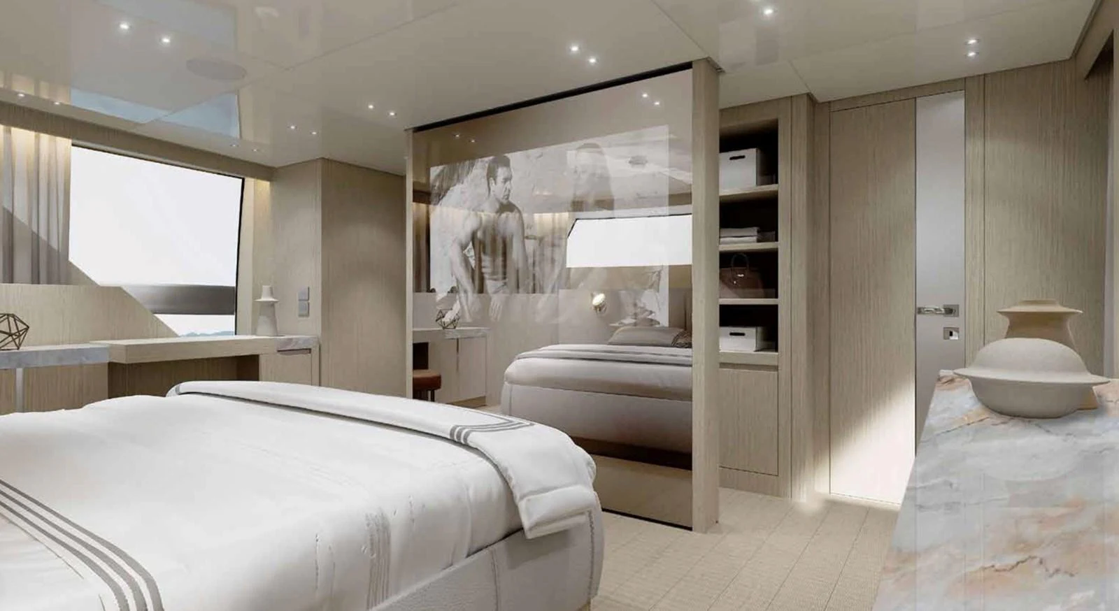 The stateroom features a luxurious bed, ample storage, and elegant decor. aboard SANLORENZO SX100/159 Yacht for Sale
