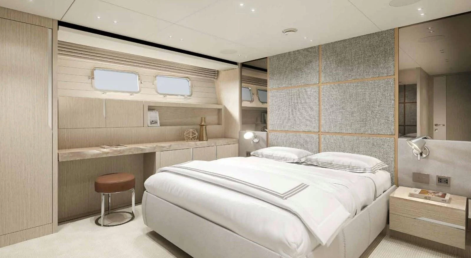 A luxurious stateroom featuring a comfortable bed, a desk, and elegant decor. aboard SANLORENZO SX100/159 Yacht for Sale