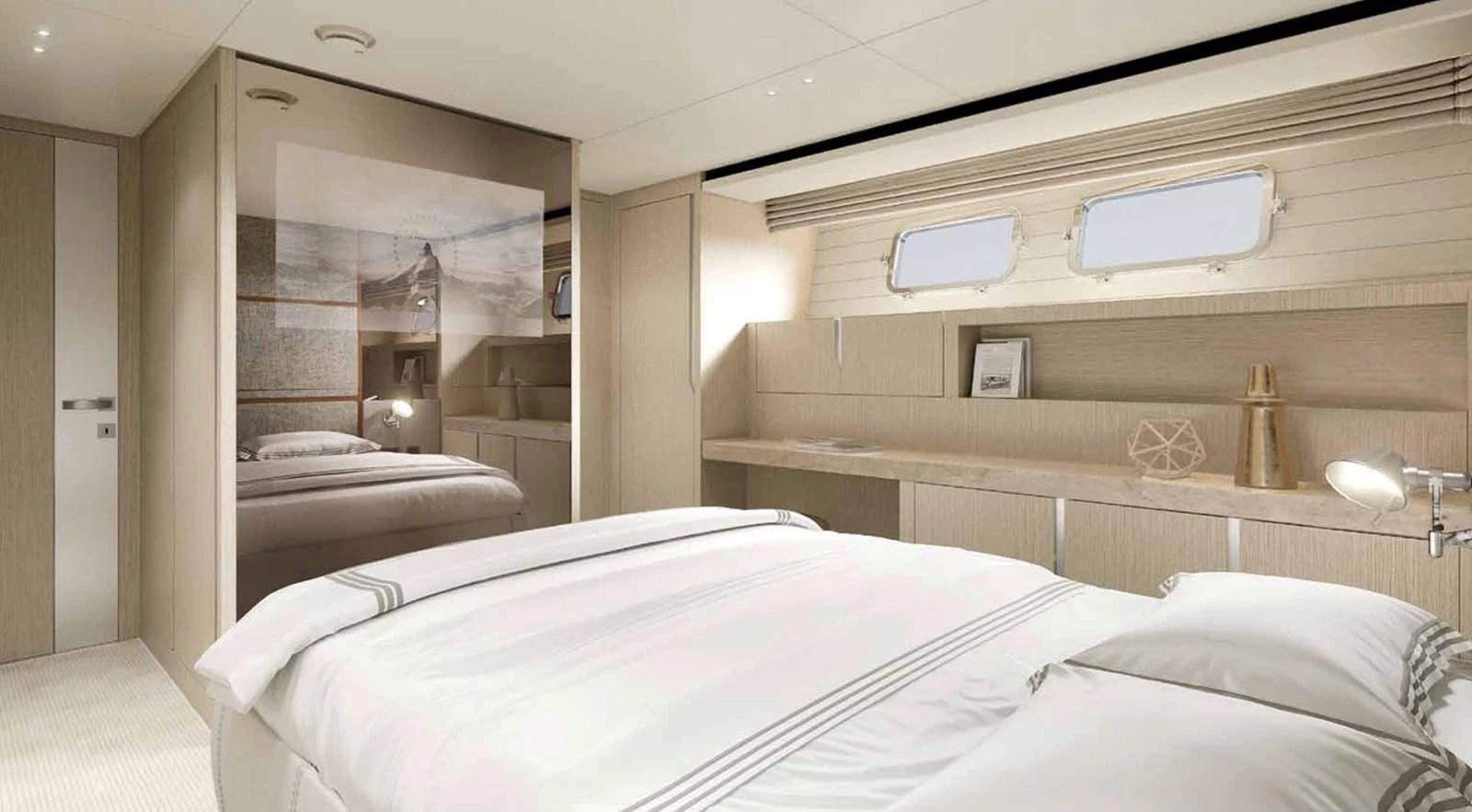 The stateroom features a serene and modern design with ample natural light. aboard SANLORENZO SX100/159 Yacht for Sale