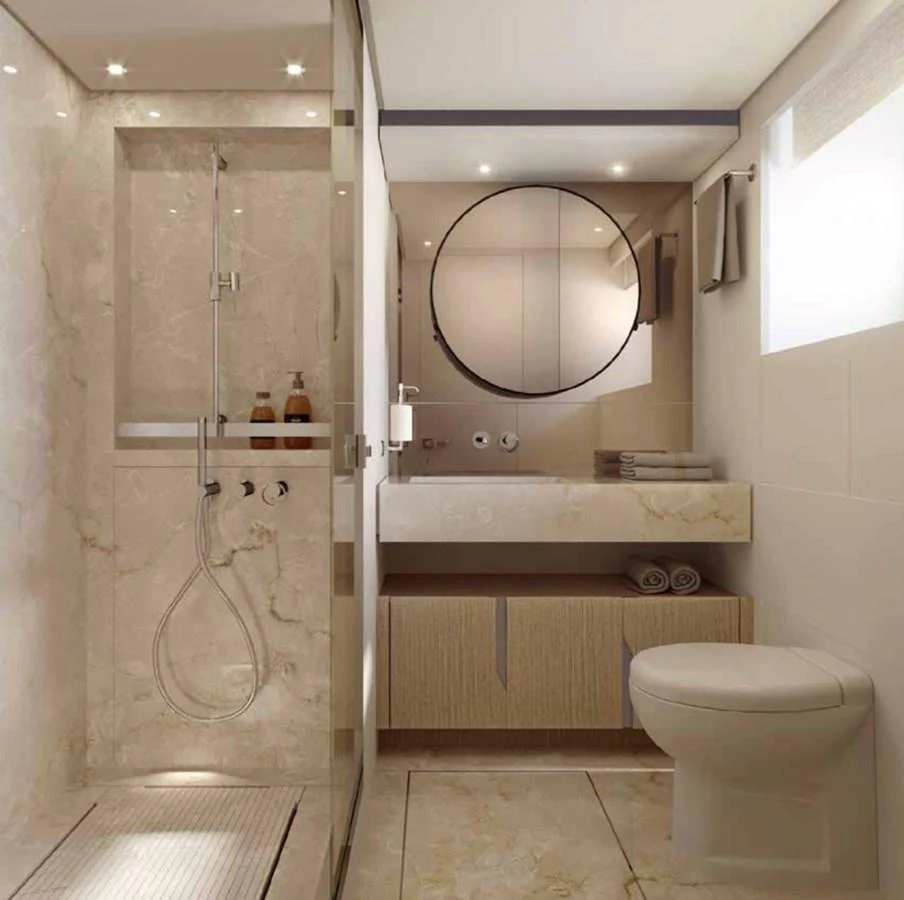 The yacht's bathroom features a modern design with a spacious shower and elegant fixtures. aboard SANLORENZO SX100/159 Yacht for Sale