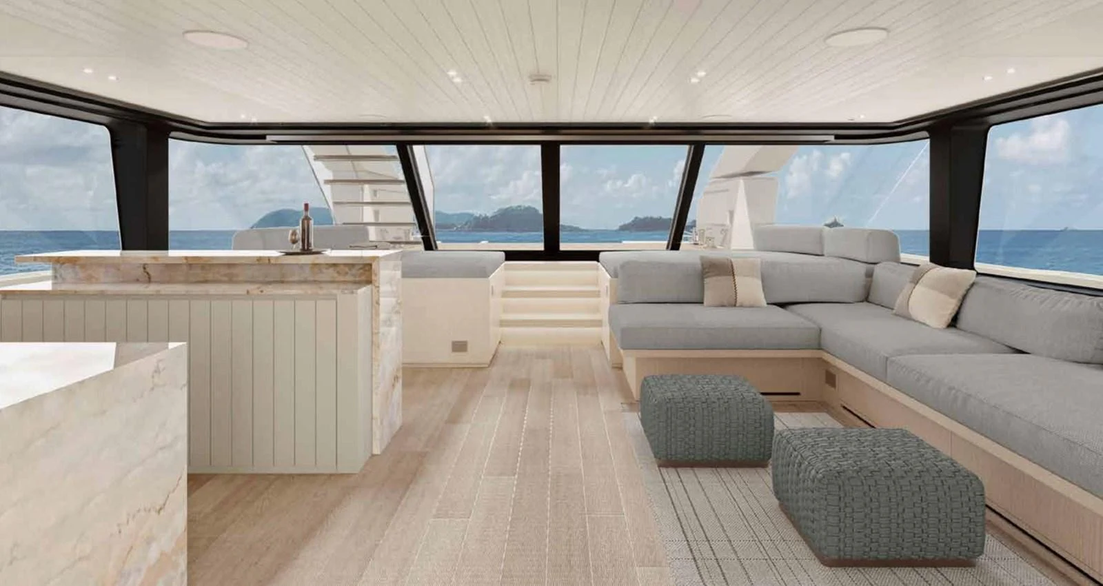 The salon features a spacious and elegant seating area with panoramic windows offering stunning ocean views. aboard SANLORENZO SX100/159 Yacht for Sale