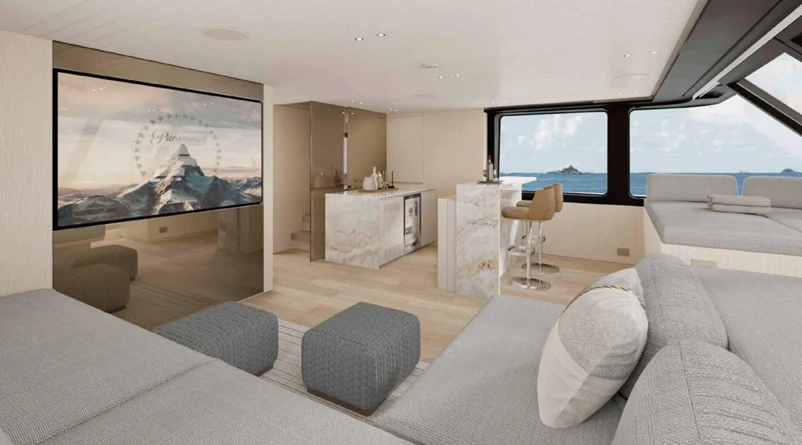 The salon offers a spacious and modern living area with panoramic ocean views. aboard SANLORENZO SX100/159 Yacht for Sale