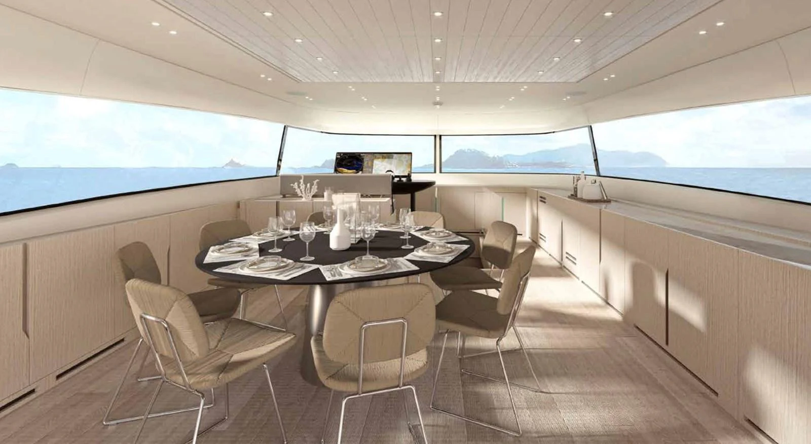 The yacht's dining area offers a spacious and elegant setting with panoramic views of the sea. aboard SANLORENZO SX100/159 Yacht for Sale