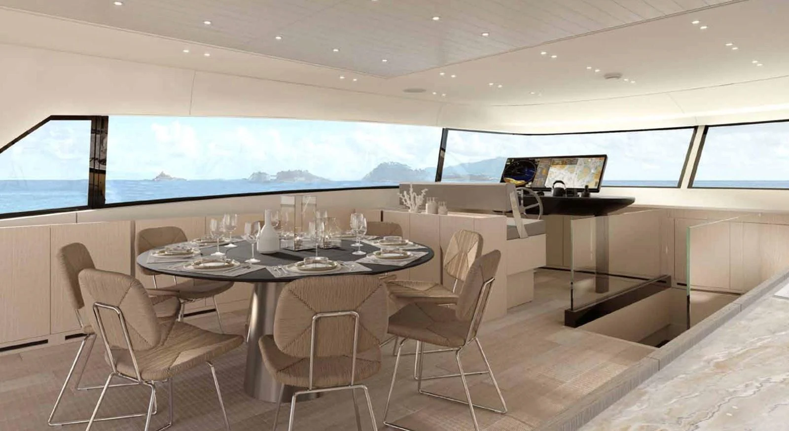 The yacht's dining area offers a luxurious setting with panoramic views and elegant furnishings. aboard SANLORENZO SX100/159 Yacht for Sale