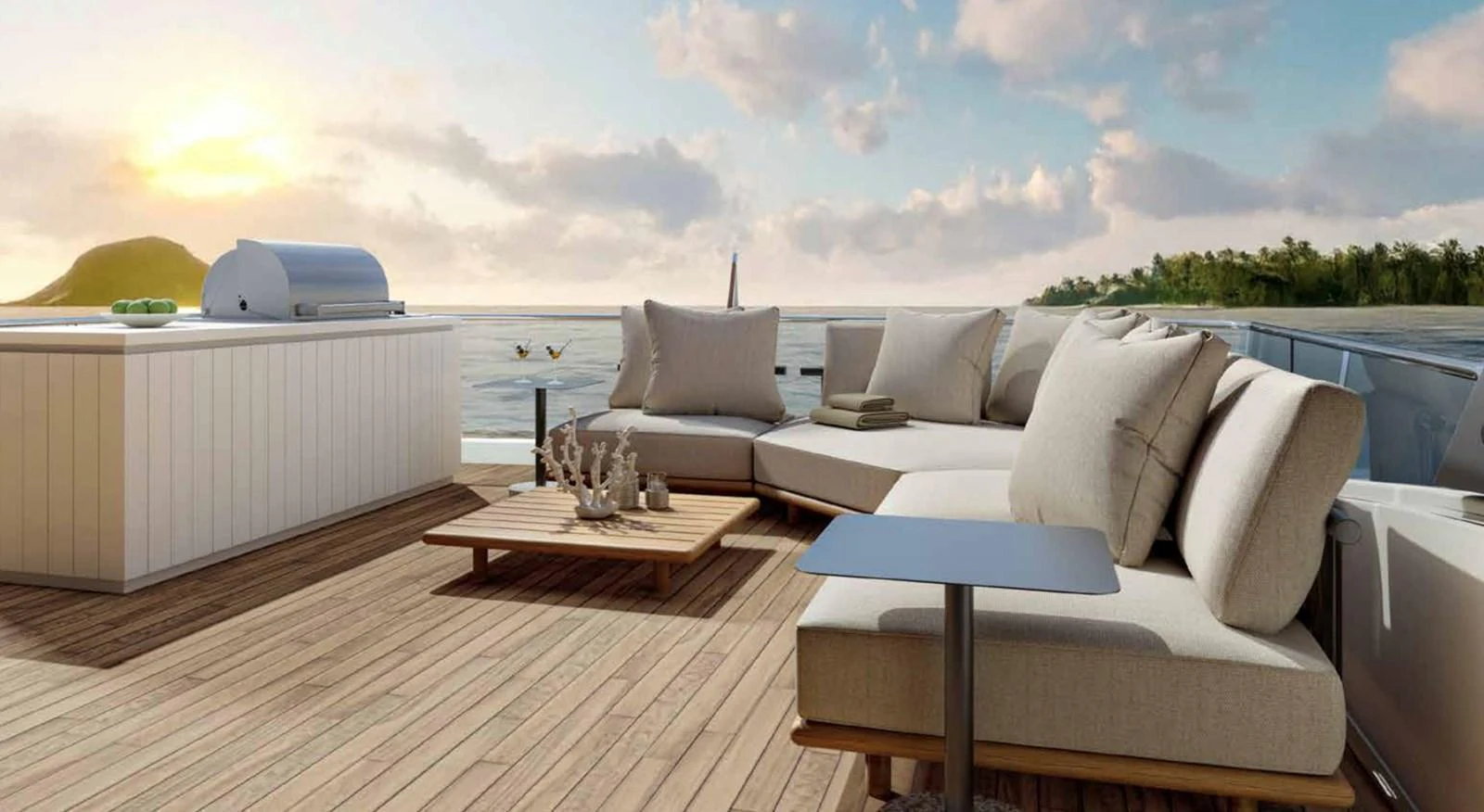The aft deck offers a luxurious outdoor lounging area with plush seating and a stunning ocean view. aboard SANLORENZO SX100/159 Yacht for Sale