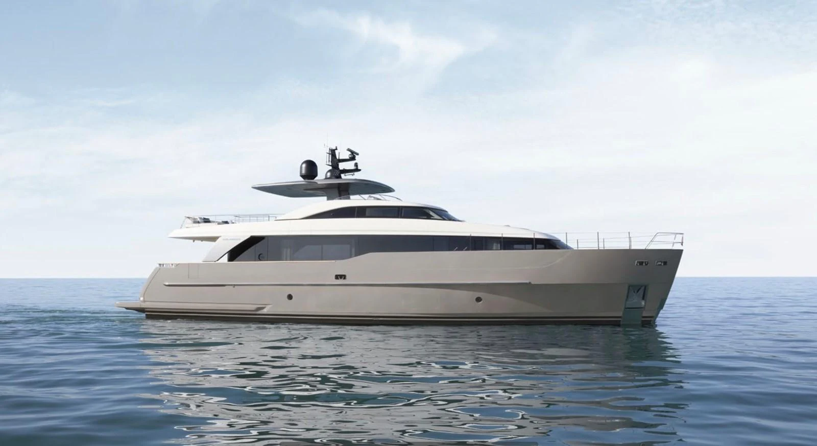 A sleek and modern yacht cruising on calm waters under a clear sky. aboard SD90 Yacht for Sale