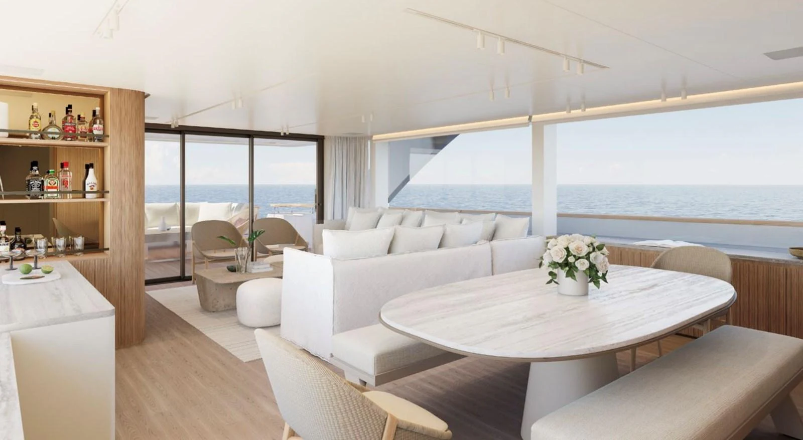 The yacht's salon features a spacious and elegantly designed seating area with panoramic ocean views. aboard SD90 Yacht for Sale