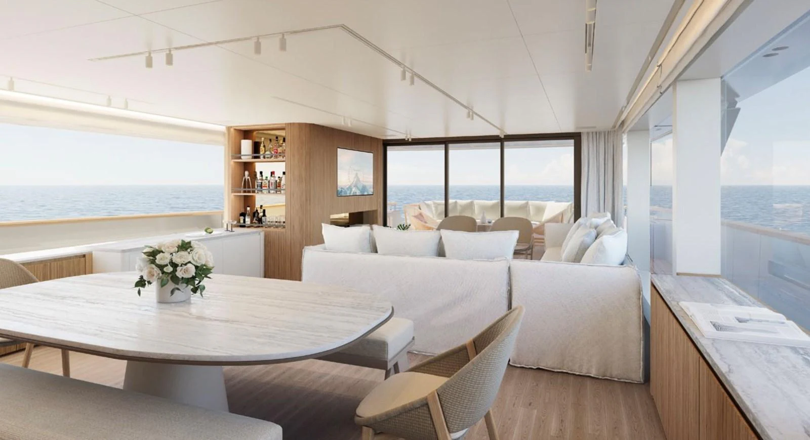 The salon features elegant furnishings with panoramic ocean views. aboard SD90 Yacht for Sale