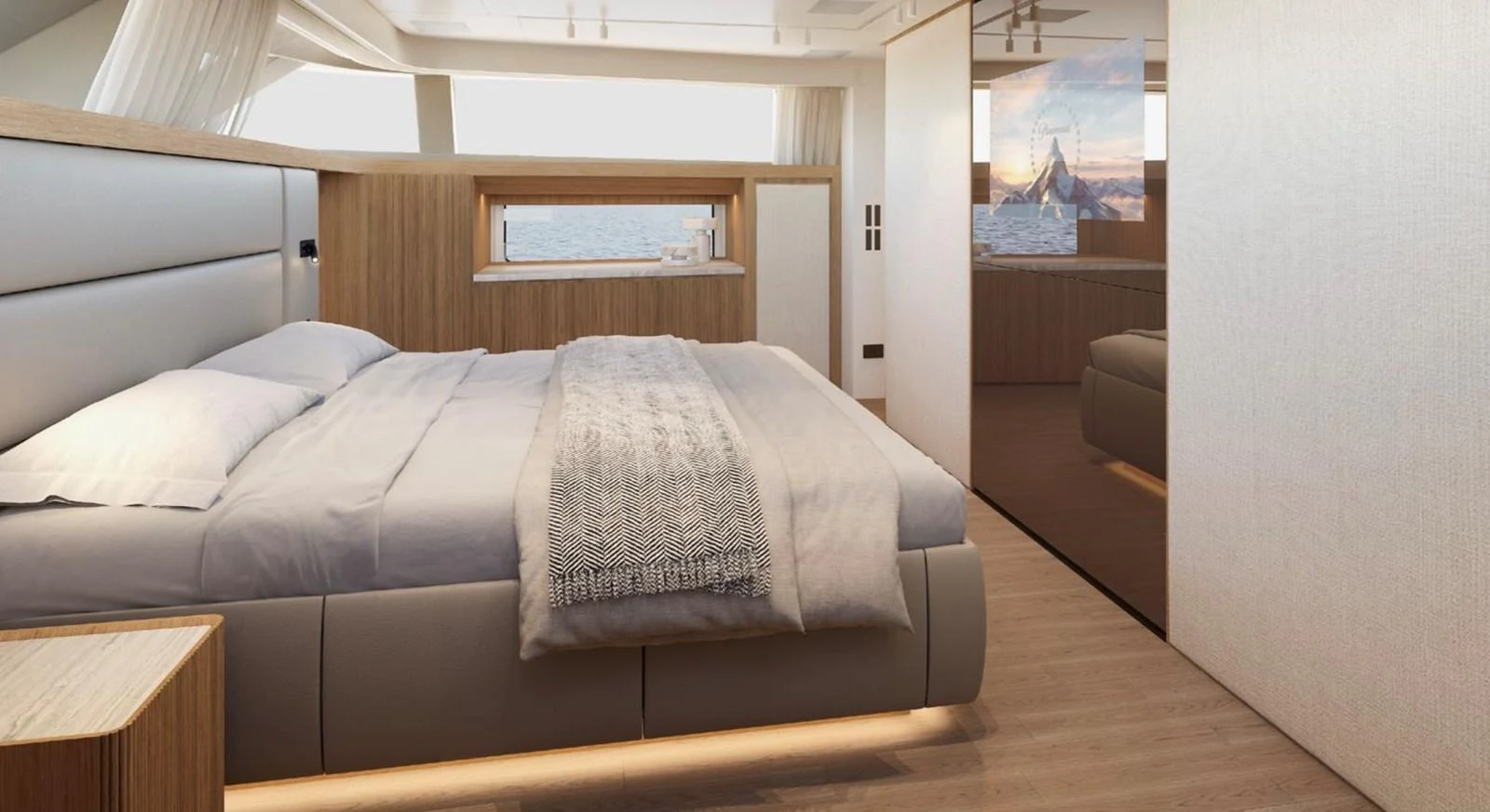 A luxurious stateroom featuring a large bed with modern decor and a window offering a sea view. aboard SD90 Yacht for Sale