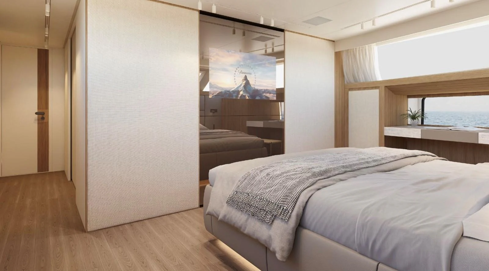 The stateroom features a luxurious bed with a serene ocean view through large windows. aboard SD90 Yacht for Sale
