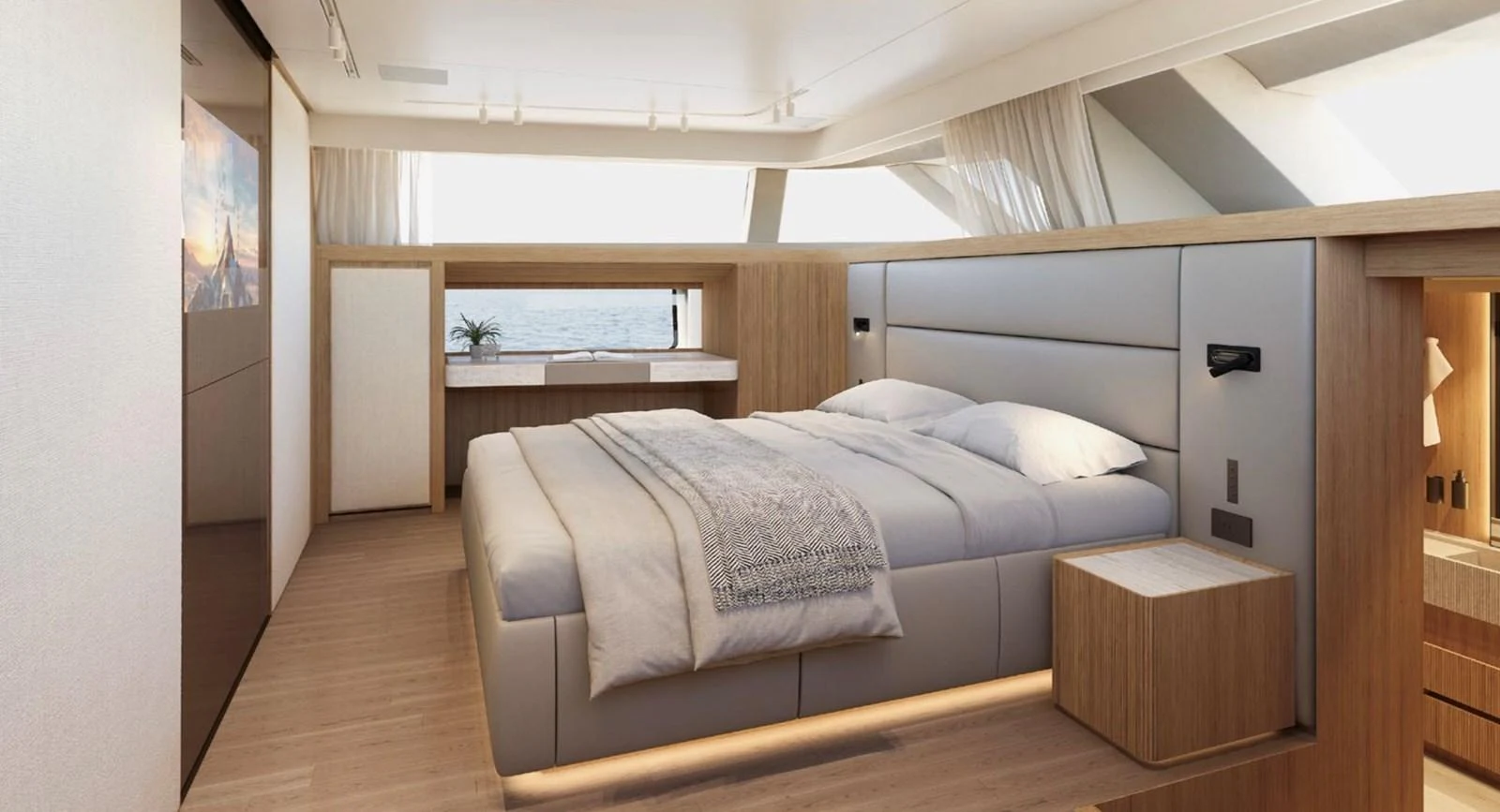 The master stateroom features a spacious bed with modern, elegant decor and ample natural light. aboard SD90 Yacht for Sale