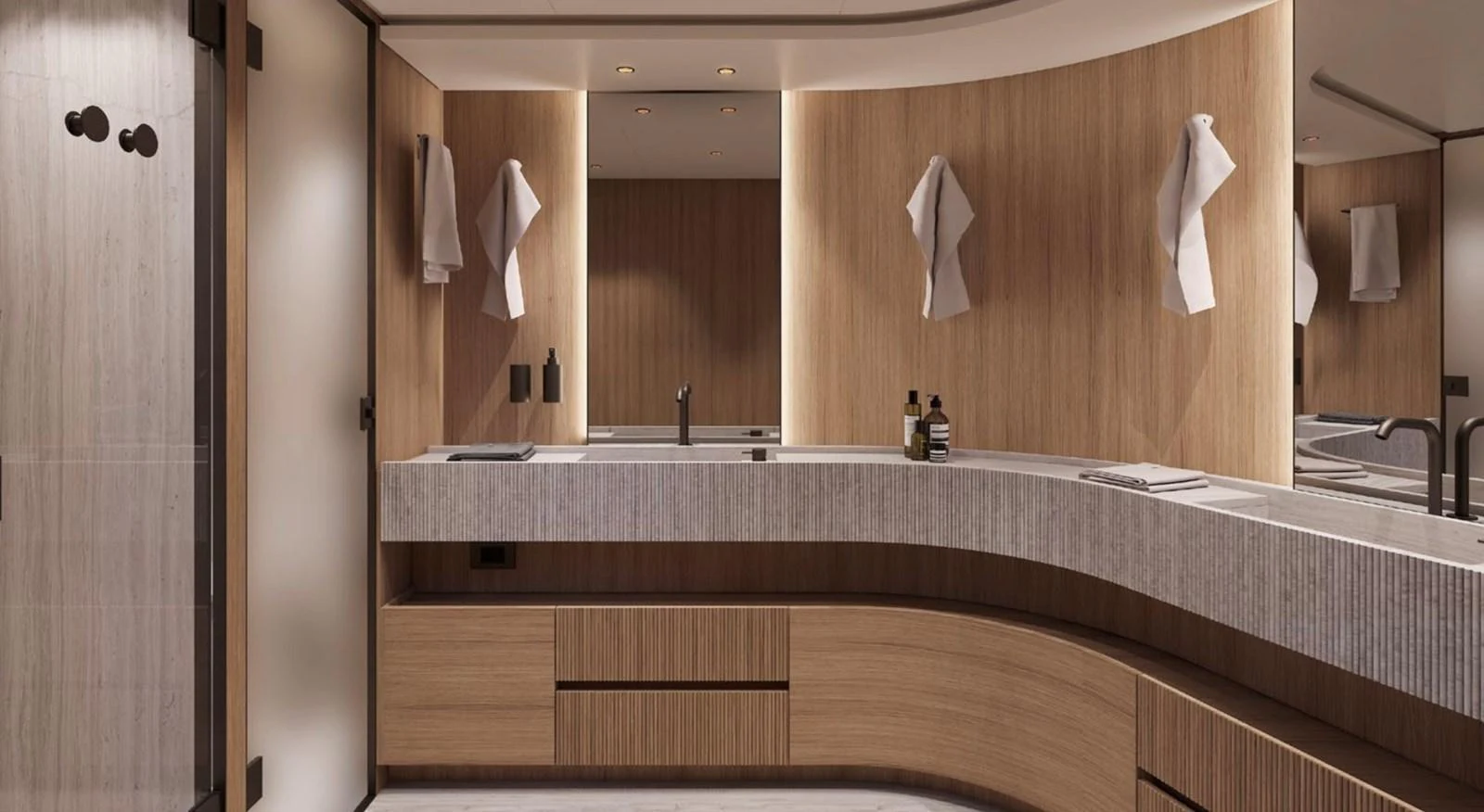The yacht's bathroom features a modern design with wooden accents and sleek fixtures. aboard SD90 Yacht for Sale
