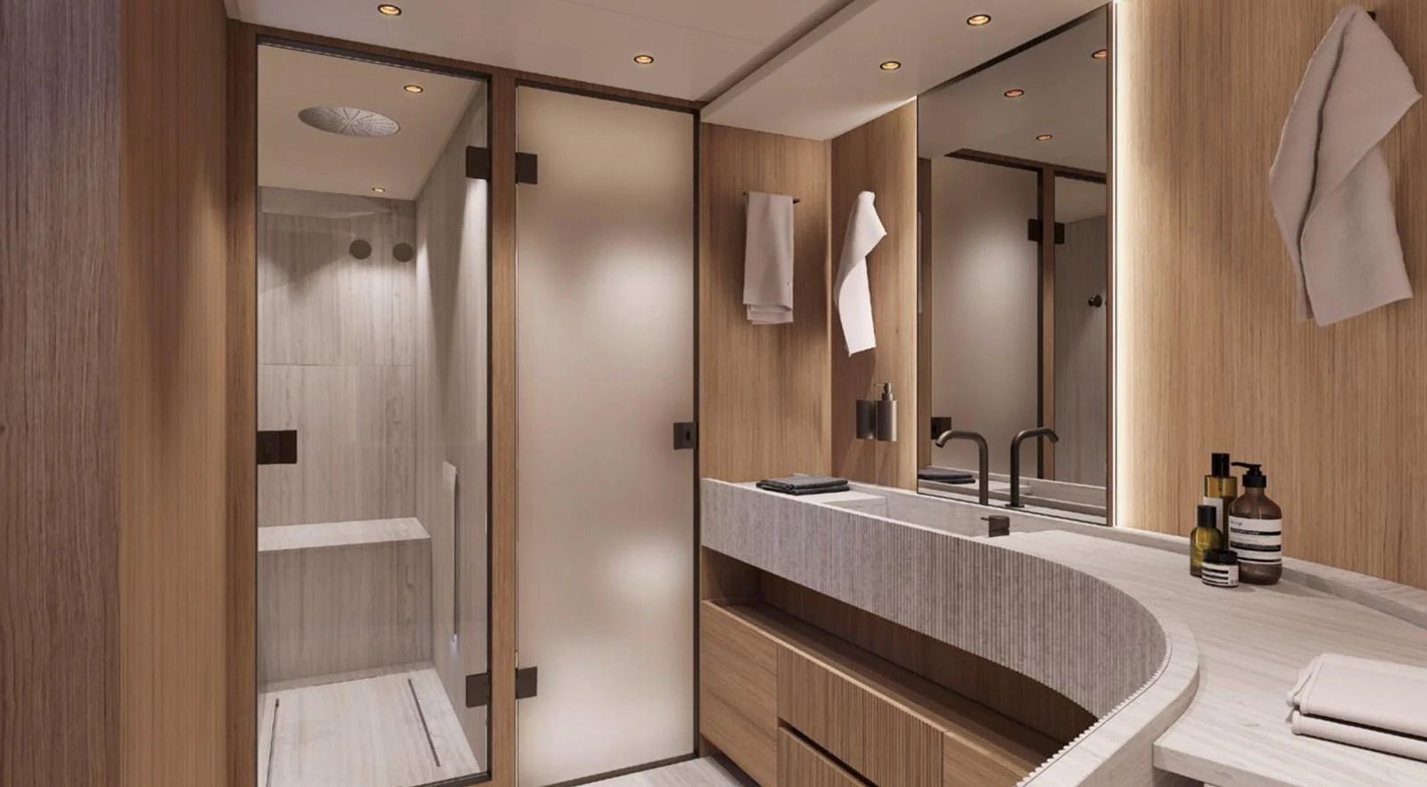 The yacht's bathroom features a sleek, modern design with a spacious shower and elegant fixtures. aboard SD90 Yacht for Sale