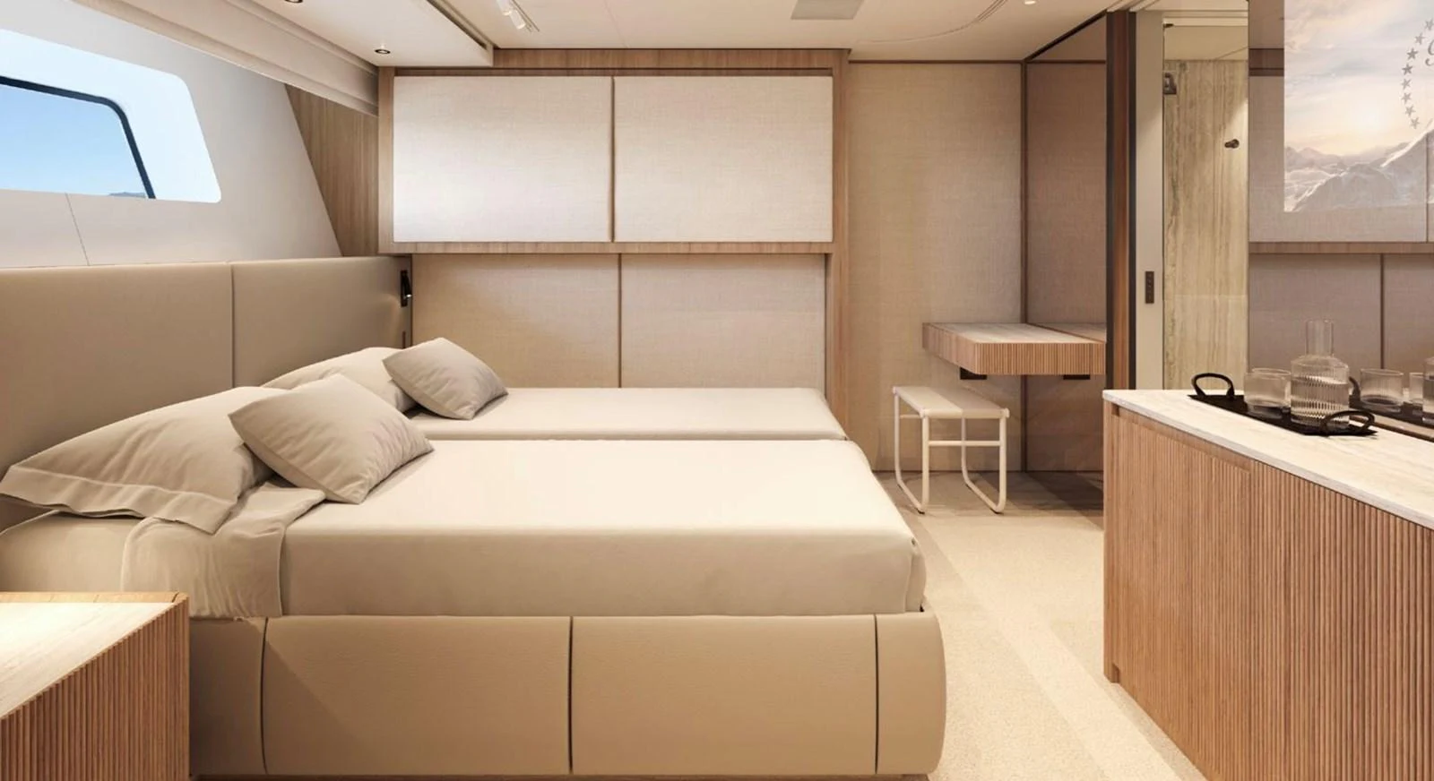 The stateroom features twin beds with a modern and elegant design. aboard SD90 Yacht for Sale
