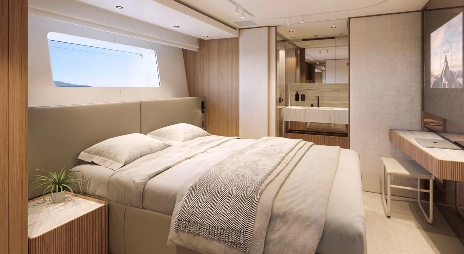 The master stateroom offers a spacious and serene retreat with modern furnishings and ample natural light. aboard SD90 Yacht for Sale