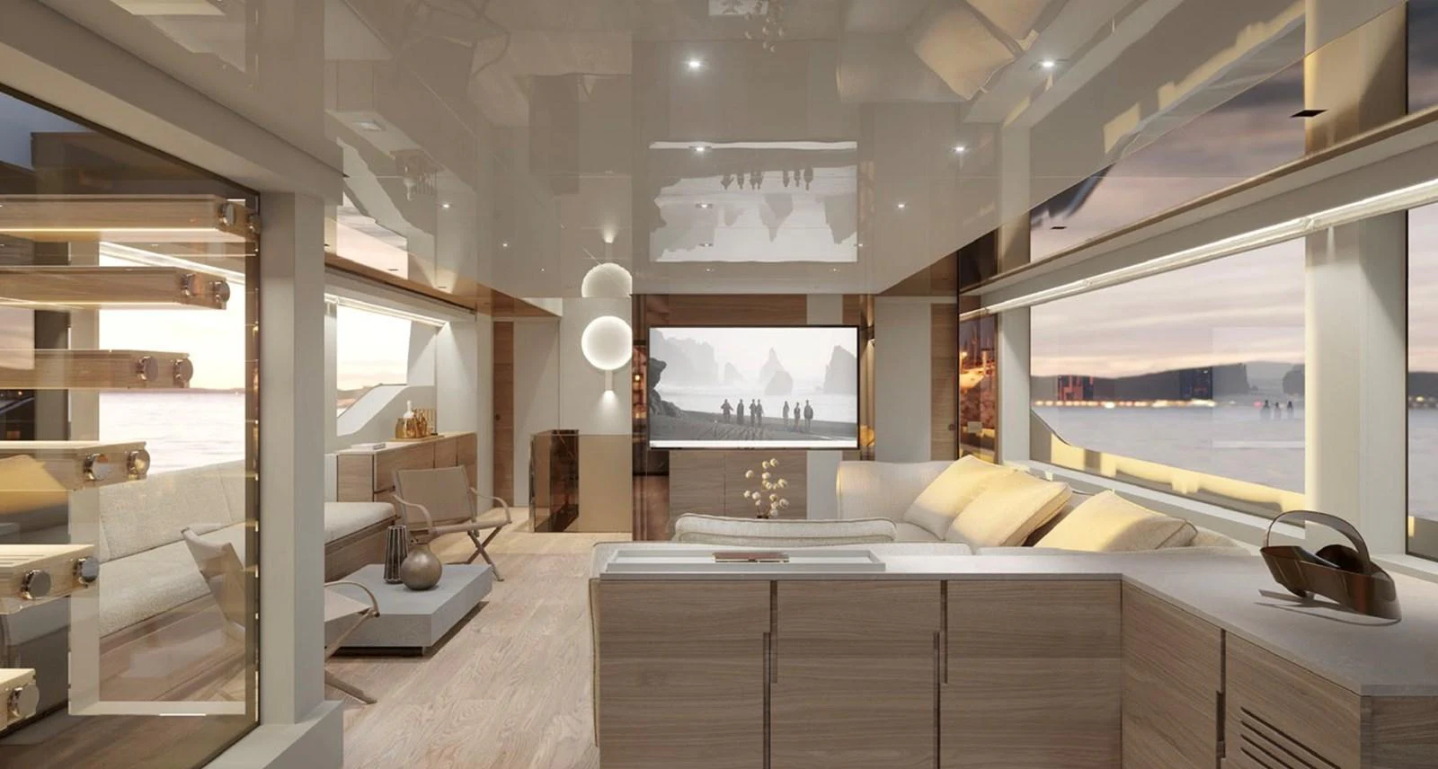 The yacht's salon features modern furnishings and large windows offering stunning ocean views. aboard SL90A Yacht for Sale