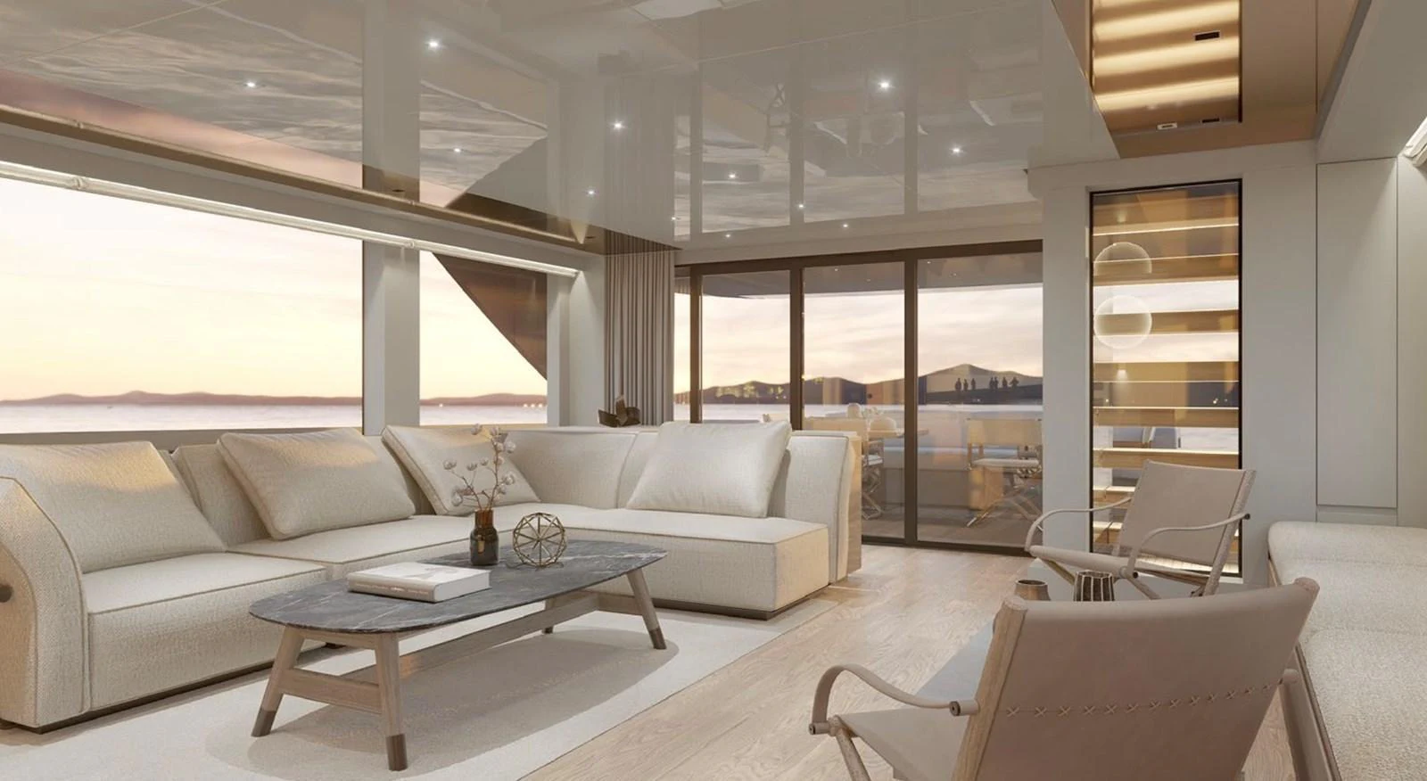The salon features elegant seating with panoramic windows offering stunning views. aboard SL90A Yacht for Sale