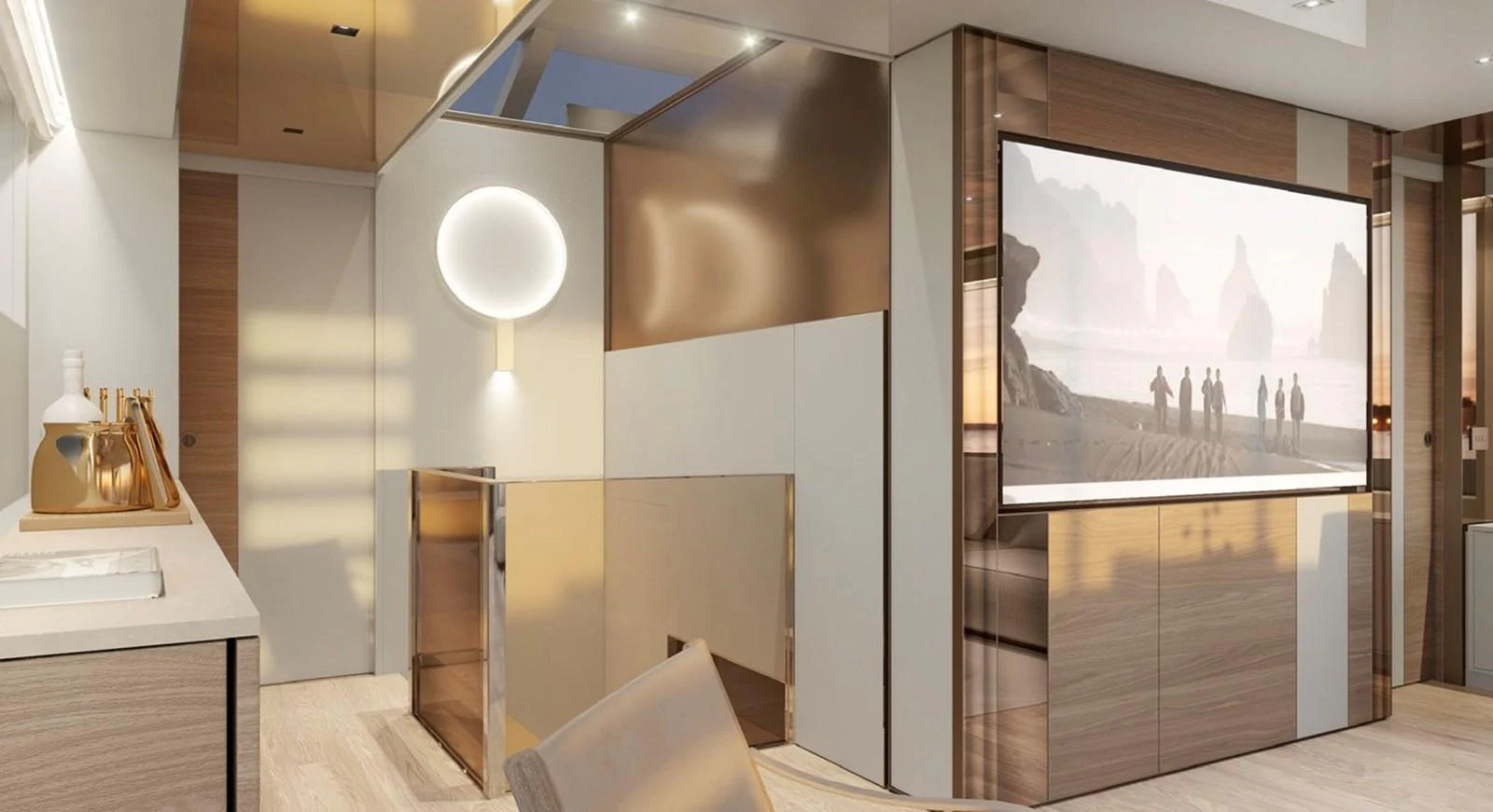 The yacht's interior features a modern and elegant design with a large flat-screen TV and stylish furnishings. aboard SL90A Yacht for Sale