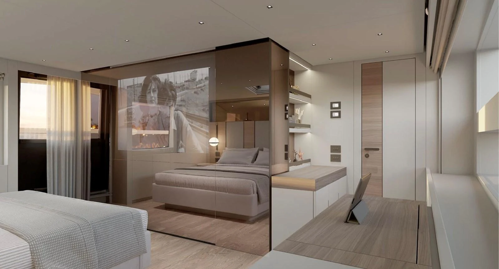 The master stateroom features a luxurious bed, modern decor, and ample natural light. aboard SL90A Yacht for Sale