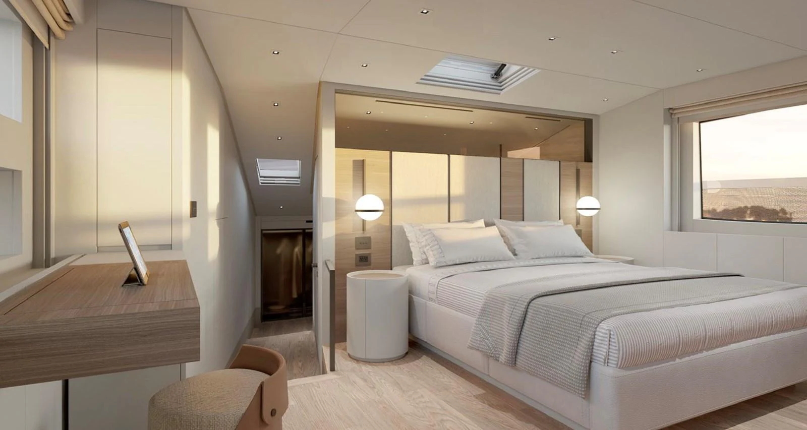 The master stateroom offers a serene and luxurious retreat with ample natural light and elegant furnishings. aboard SL90A Yacht for Sale