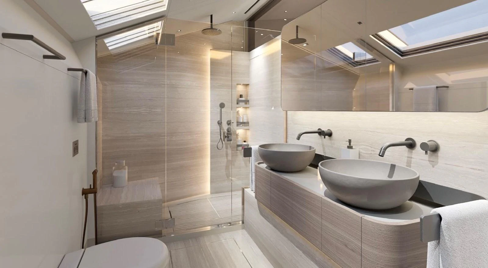 This luxurious yacht bathroom features modern fixtures and a spacious shower area. aboard SL90A Yacht for Sale