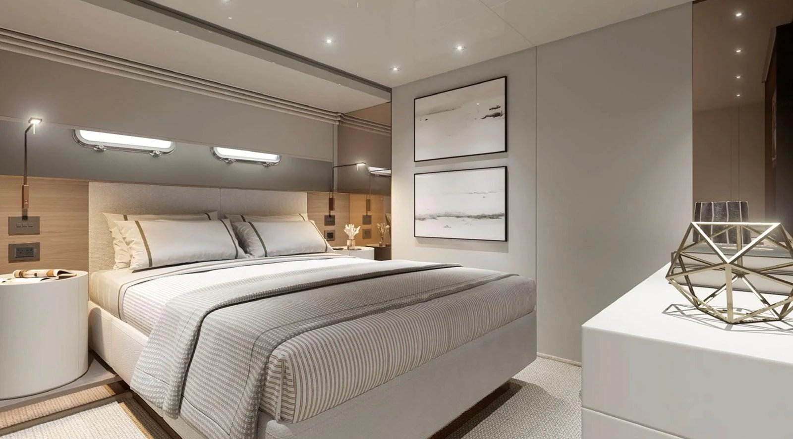 The stateroom features a luxurious bed with modern decor and ambient lighting. aboard SL90A Yacht for Sale