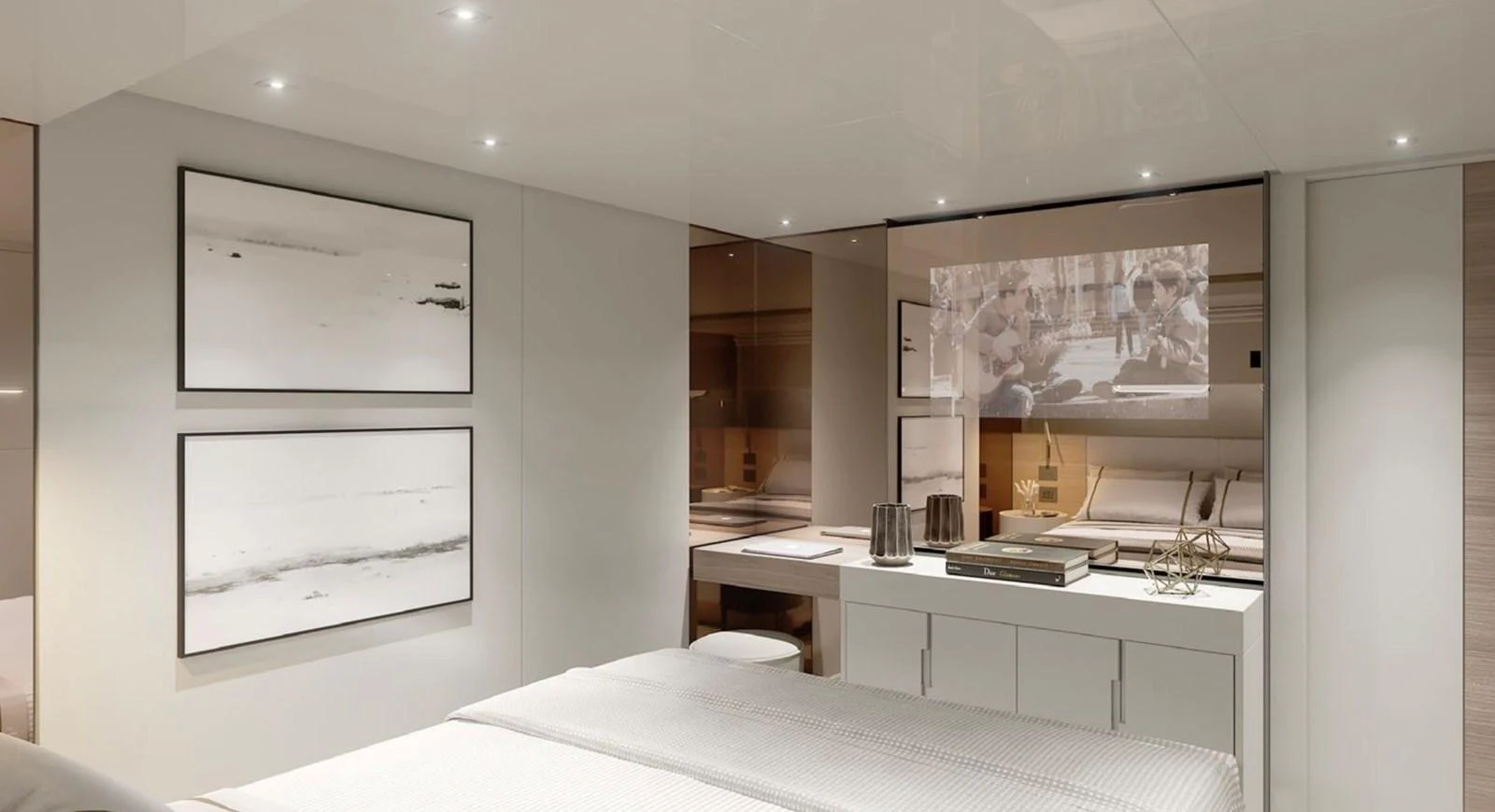 A luxurious stateroom featuring modern decor and a built-in entertainment system. aboard SL90A Yacht for Sale