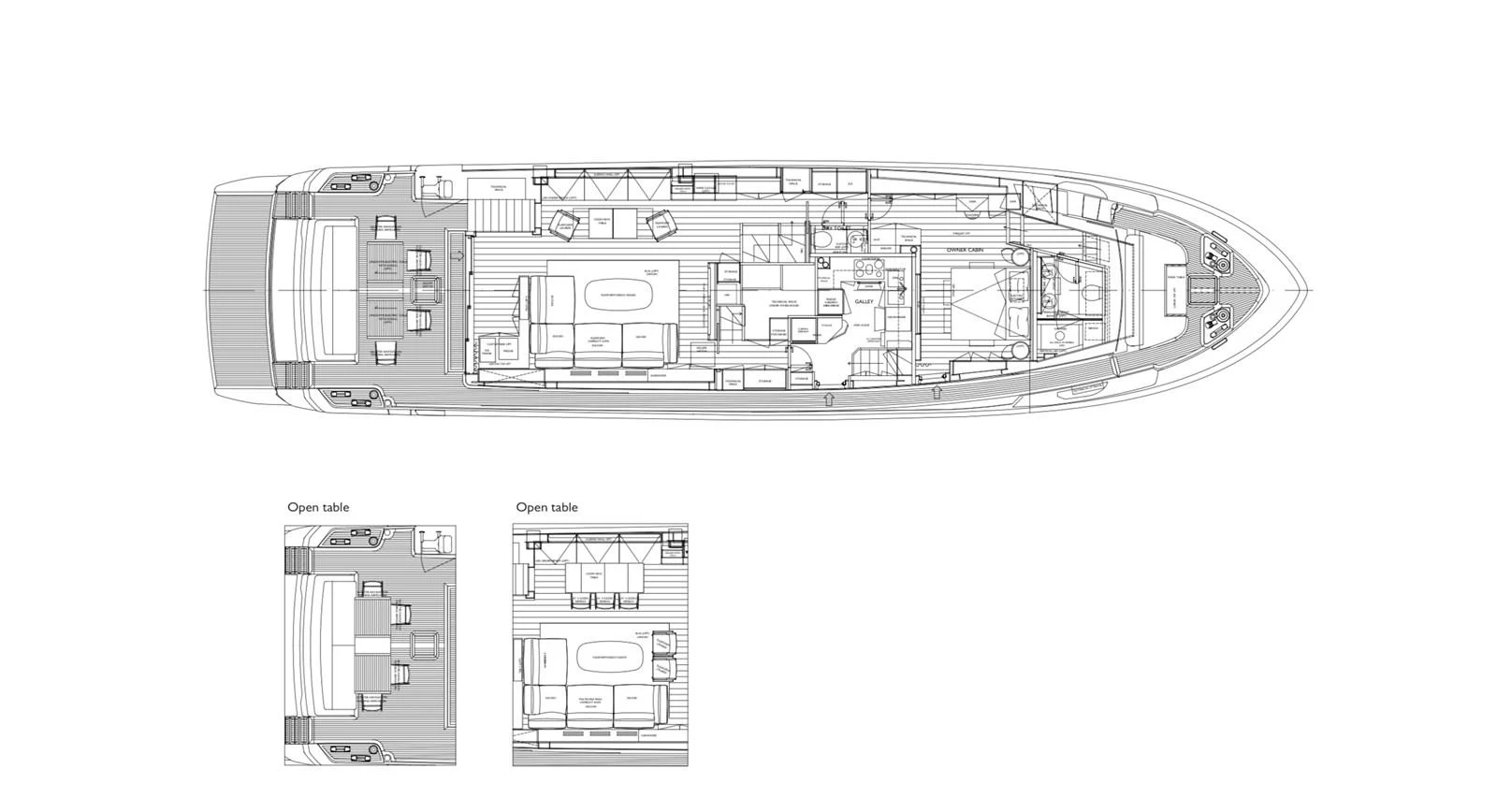 This image showcases the detailed deck plan of a luxury yacht, highlighting its layout and amenities. aboard SL90A Yacht for Sale