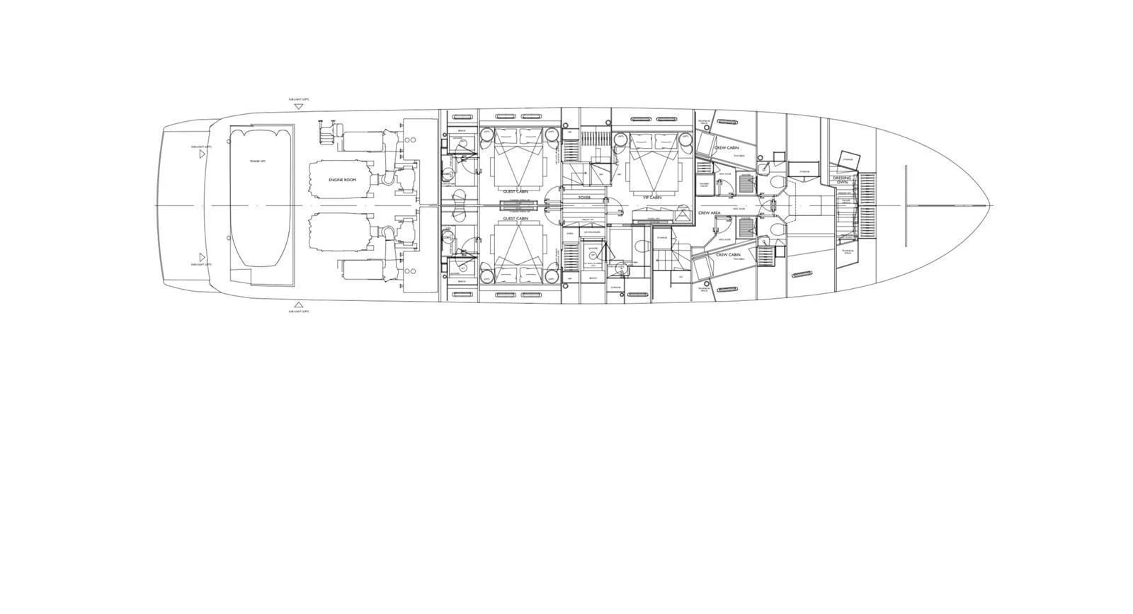 This image shows a detailed deck plan of the yacht, highlighting the layout and arrangement of various rooms and amenities. aboard SL90A Yacht for Sale
