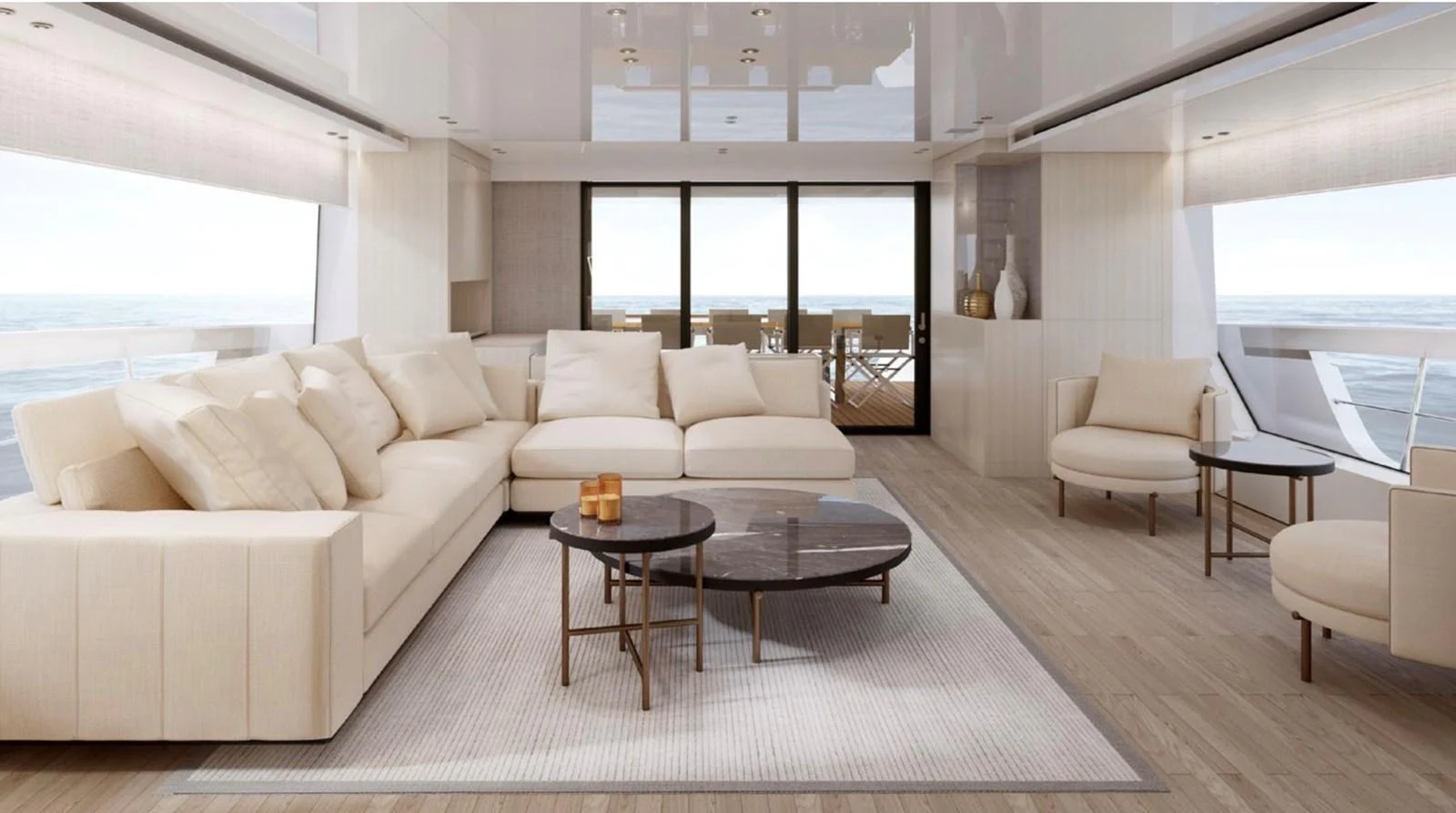 a living room with a large window aboard SX88 Yacht for Sale