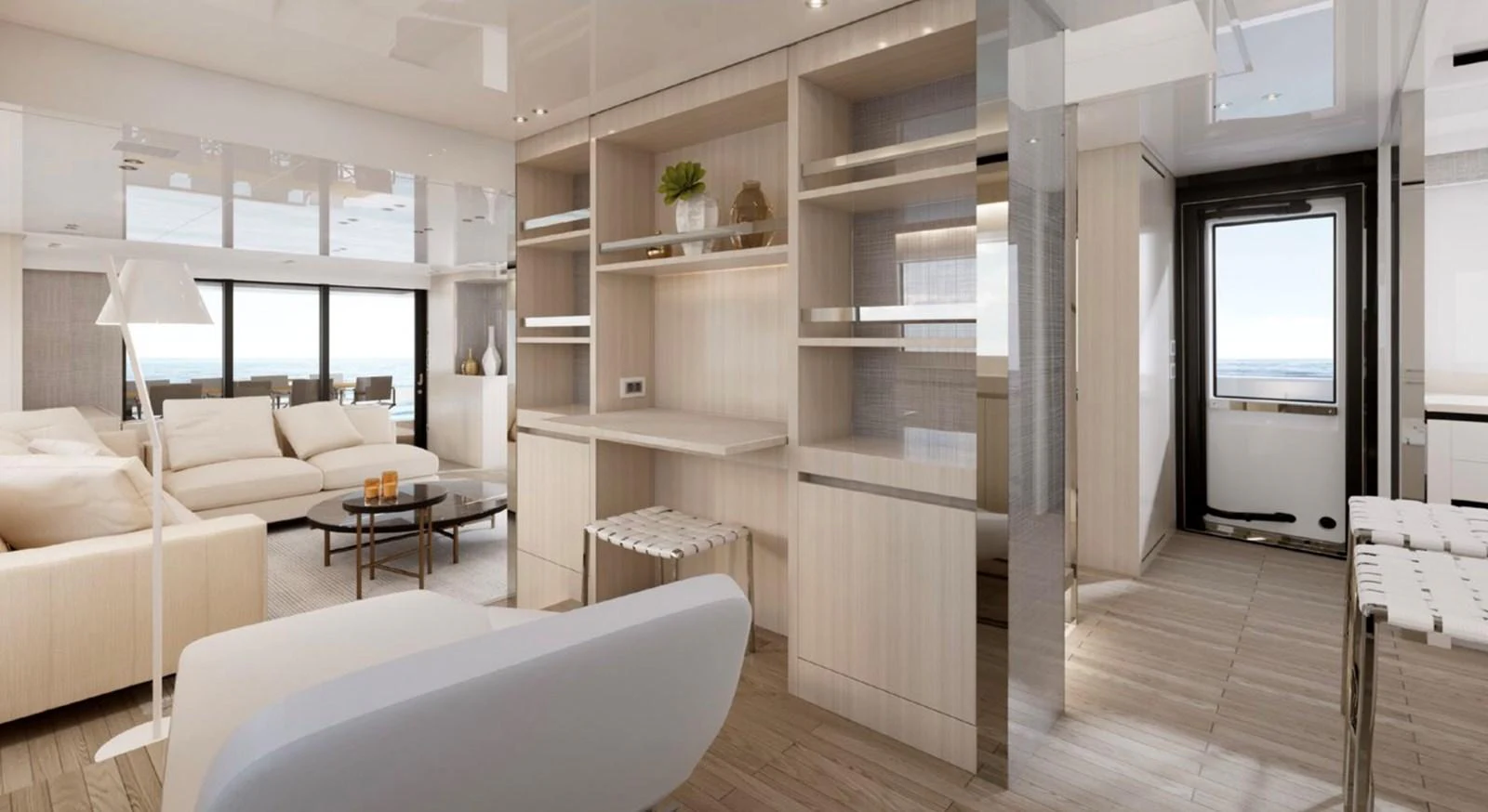 a room with a wood shelf and a white couch aboard SX88 Yacht for Sale