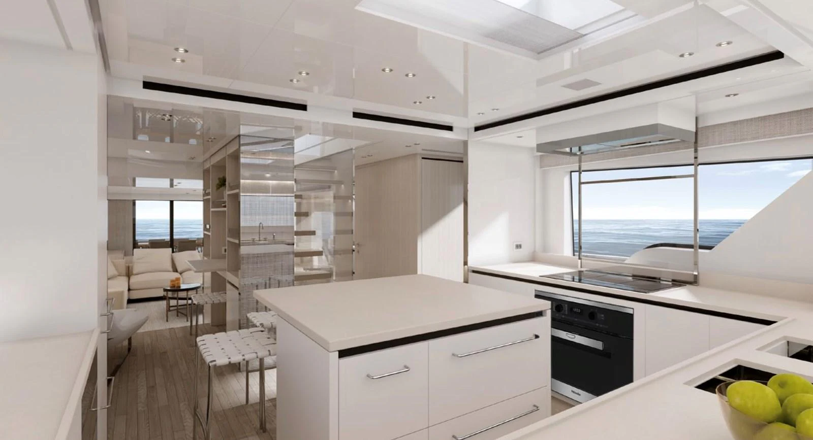 a kitchen with a large window aboard SX88 Yacht for Sale
