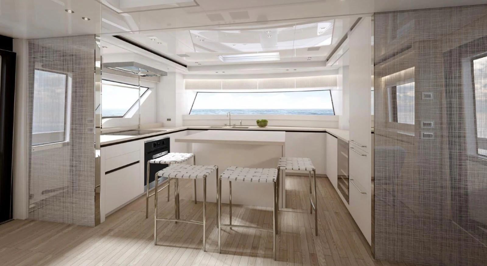 a kitchen with white cabinets aboard SX88 Yacht for Sale
