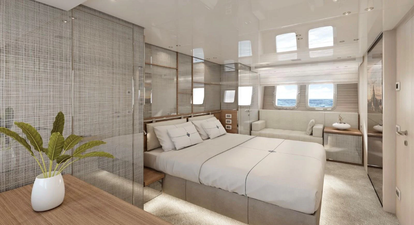 a room with a bed and a plant aboard SX88 Yacht for Sale