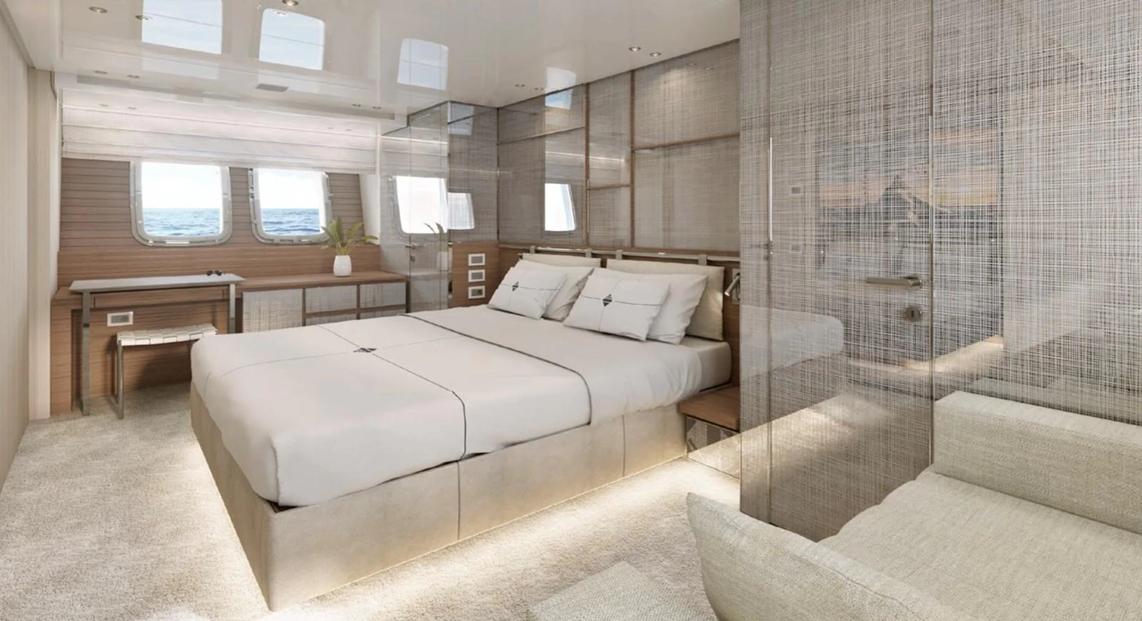 a room with a bed and a window aboard SX88 Yacht for Sale