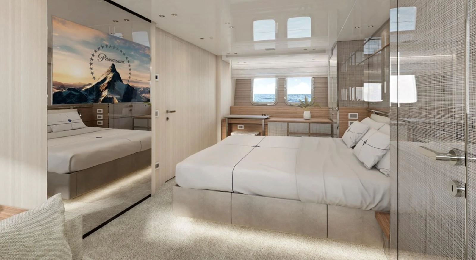 a room with a bed and a window aboard SX88 Yacht for Sale