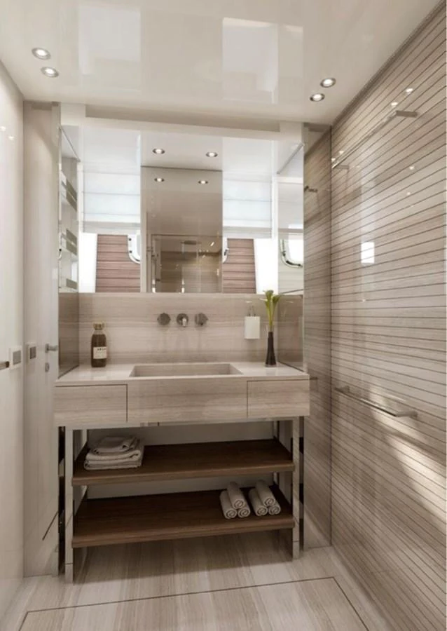 a bathroom with a large mirror aboard SX88 Yacht for Sale