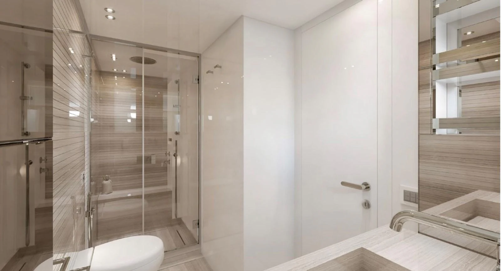 a bathroom with a glass shower aboard SX88 Yacht for Sale