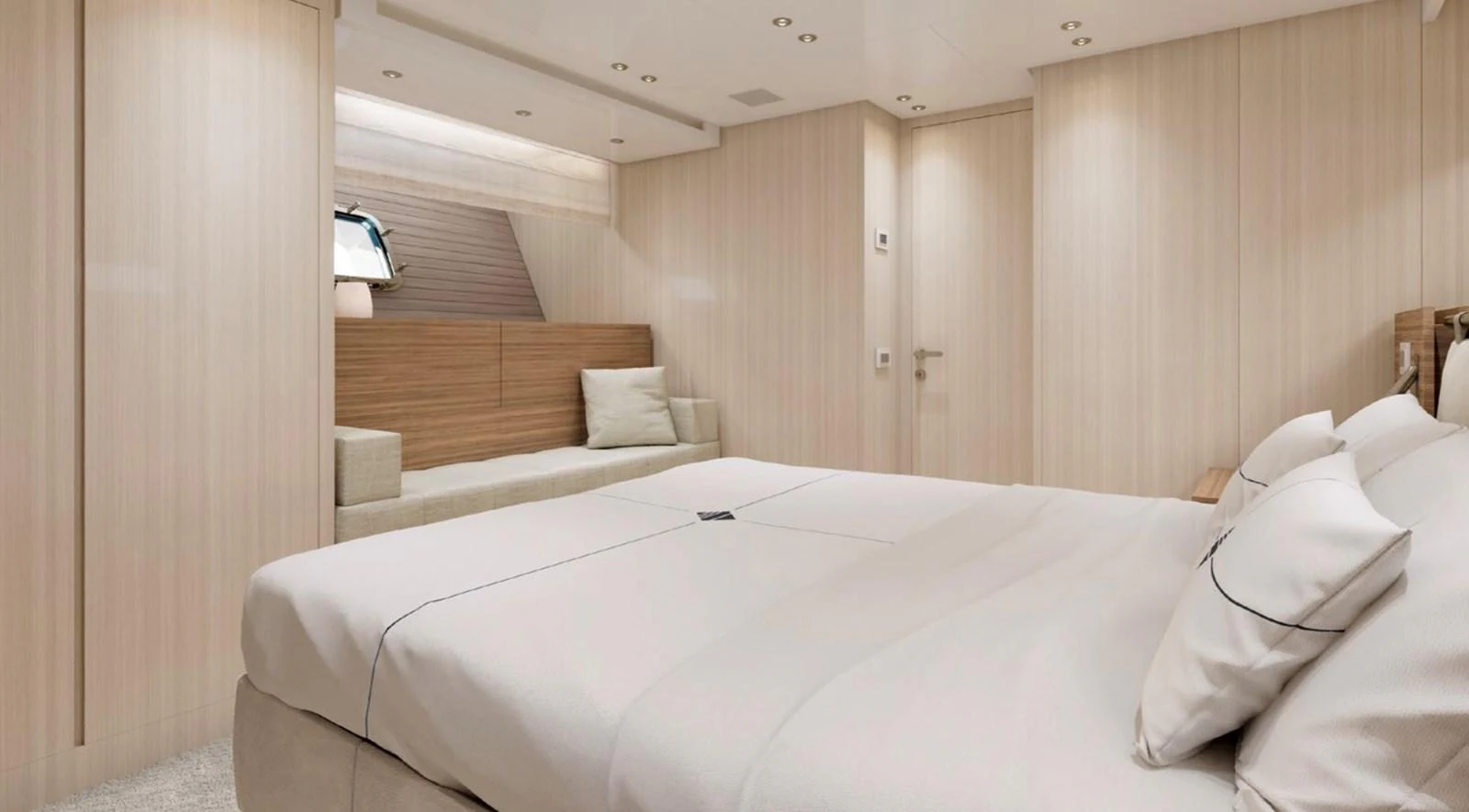 a room with a bed and a lamp aboard SX88 Yacht for Sale