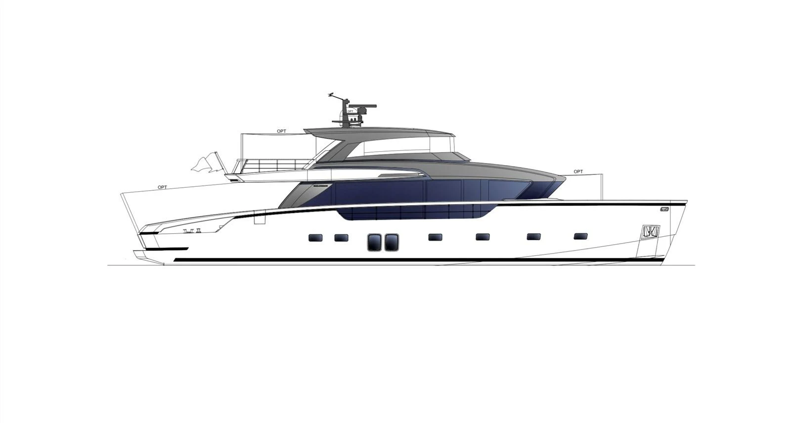 a white and blue boat aboard SX88 Yacht for Sale