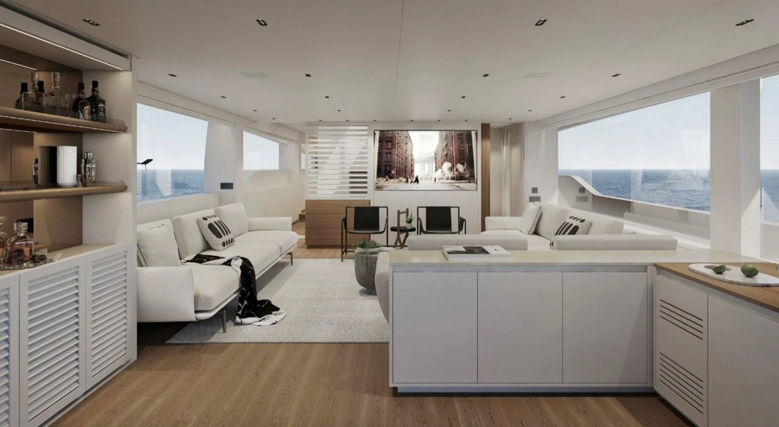 The spacious salon offers a luxurious and comfortable setting with panoramic ocean views. aboard SL86A Yacht for Sale